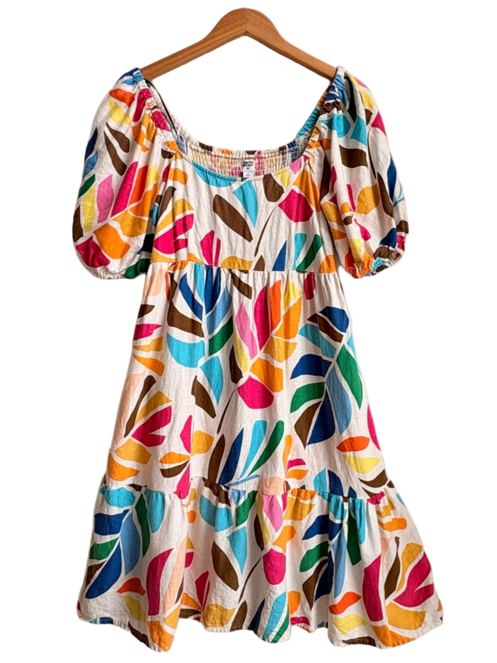 Tabitha Brown bright colorful Artsy linen blend smocked puff sleeve sundress Med
